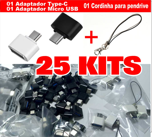 Kit 25 Kits Adaptadores Para Celular Otg ( 25 Tipoc +25 Micro Usb + 25 cordinhas